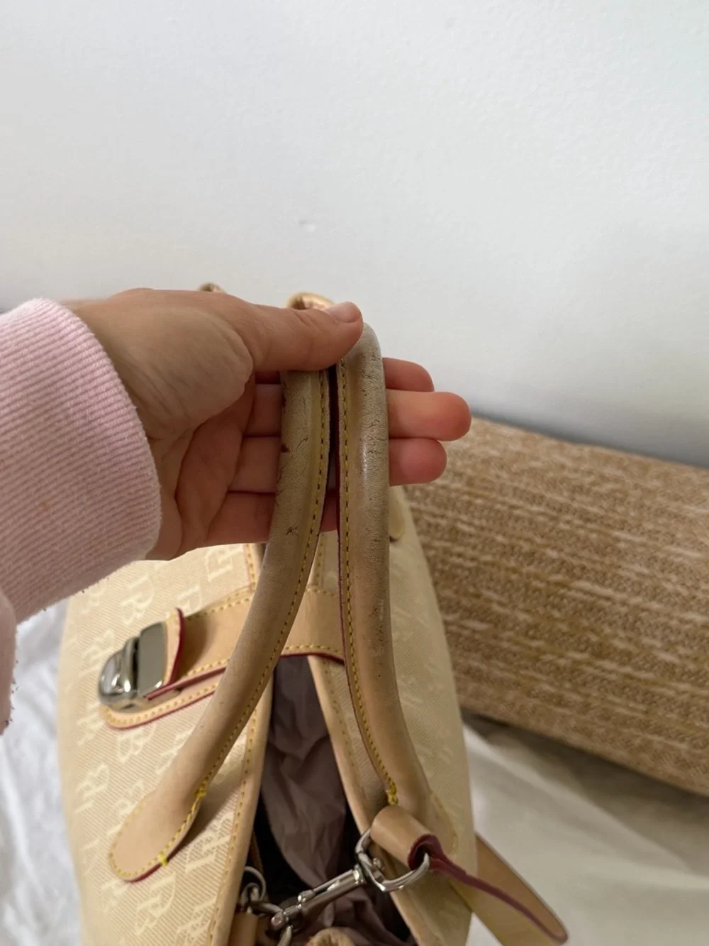 Dooney&Bourke Signature Canvas Satchel Handbag Beige Vachetta Leather Trim Vtg